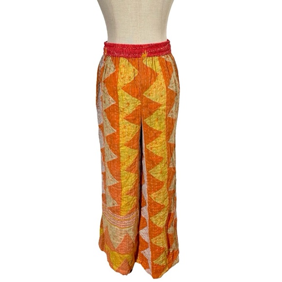 Kantha Wide Leg Drawstring Pull On Pants Handmade Boho Patchwork - Picture 6 of 6